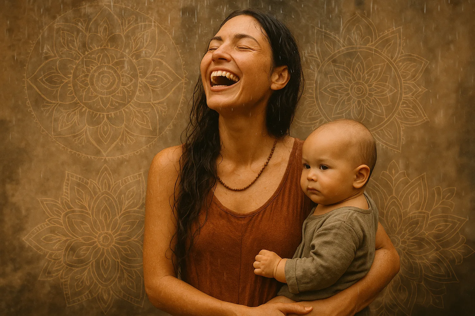 Мама с ребёнком стоит под дождём и искренне улыбается