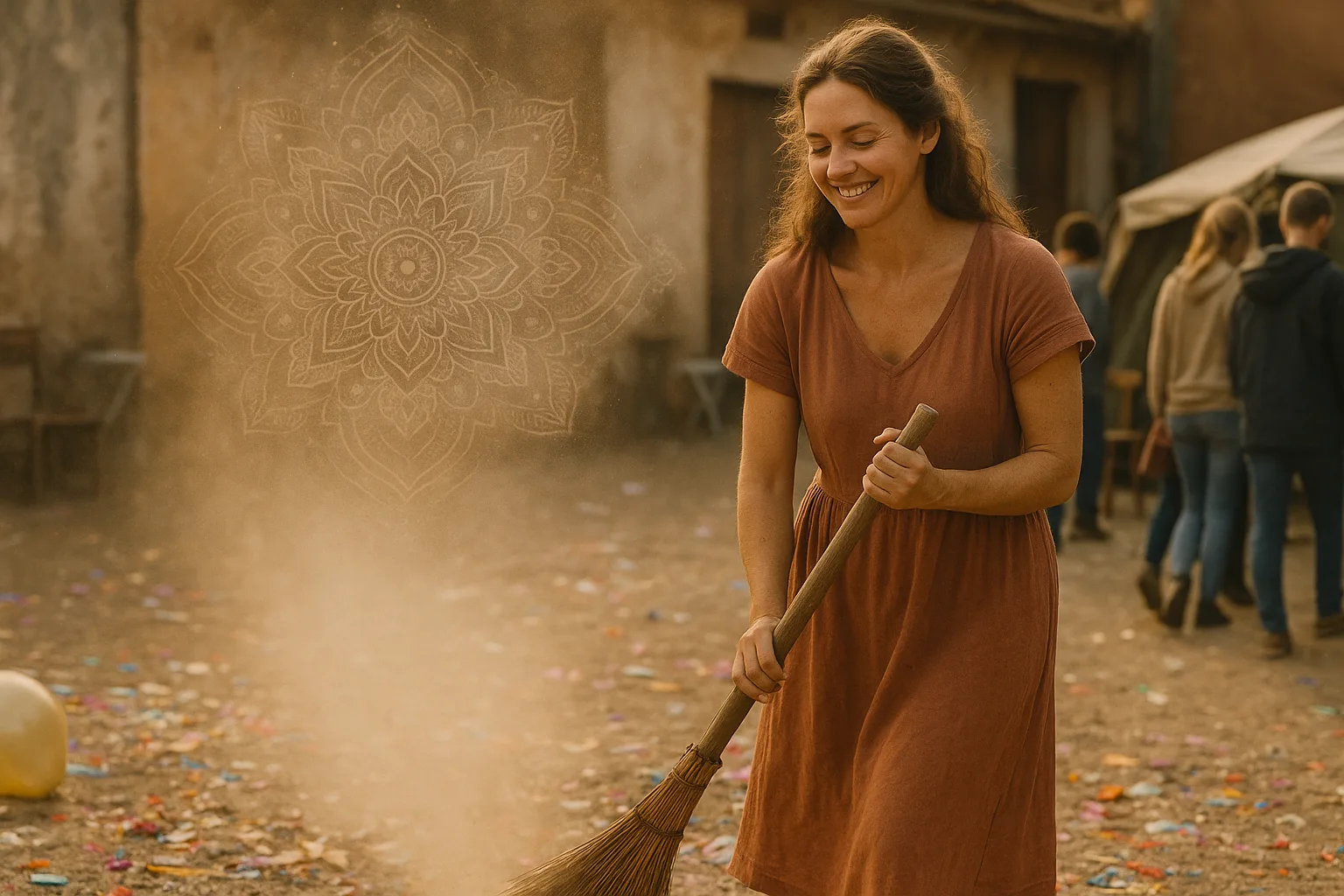 Женщина убирает улицу после праздника, мандала в облаке пыли